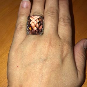 Unique Pink Gem and Marcasite Ring Sterling Silver